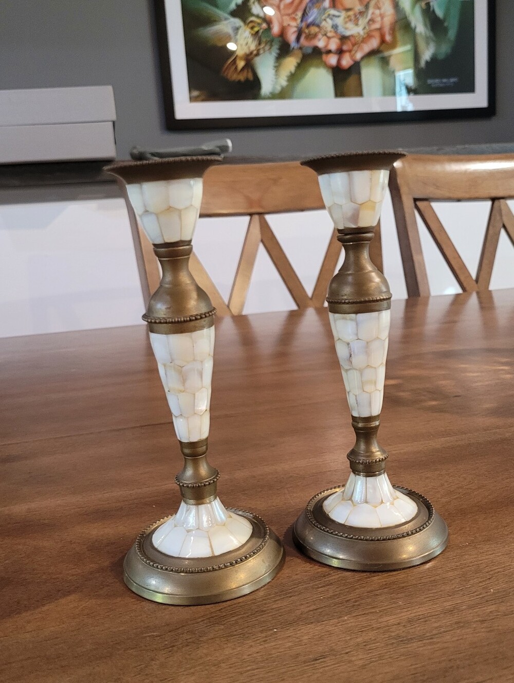 Pair Vintage Candlesticks Brass With Mother Of Pearl Abalone Inlay 8 Inch